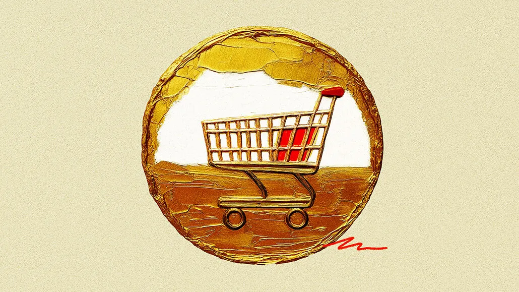 A stylized gold shopping cart inside a circular design, representing how interactive and shoppable CTV ads enhance brand awareness and engagement in a modern CTV advertising strategy.
