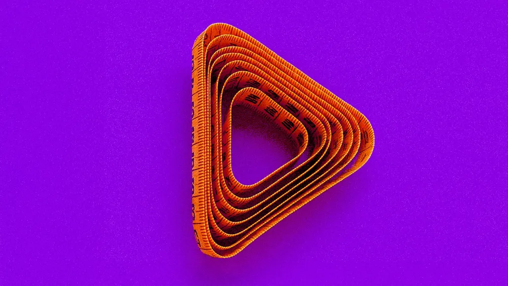 Abstract orange play button symbol on a purple background, representing the convergence of video, CTV, and social media strategy in modern omnichannel advertising.
