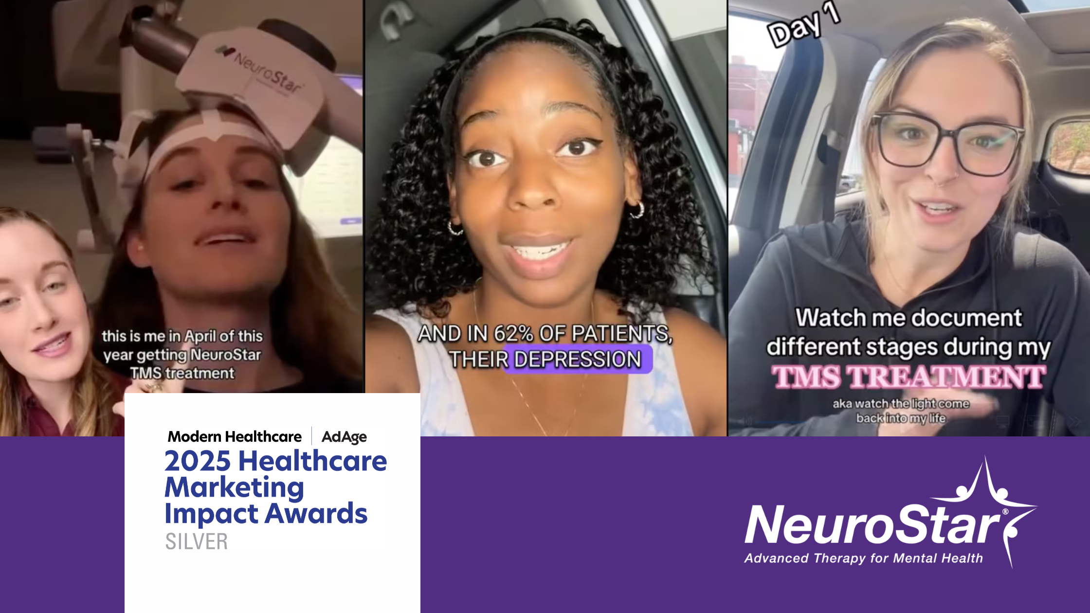 A split-screen collage of three women sharing their experiences with NeuroStar TMS therapy. The first woman is seated under a NeuroStar device during her treatment, with text reading “this is me in April of this year getting NeuroStar TMS treatment.” The middle woman, speaking from a car, appears hopeful as on-screen text says, “and in 62% of patients, their depression…” citing a clinical study. The third woman, also in a car, smiles with text that reads “Day 1 – Watch me document different stages during my TMS treatment (aka watch the light come back into my life).” The image represents real patient testimonials highlighting NeuroStar’s impact on depression treatment.