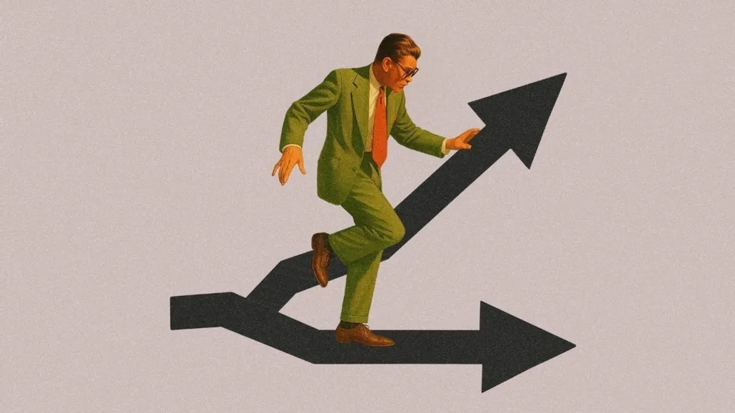 “Illustration of a business professional balancing on diverging arrows representing shifting market conditions, symbolizing how media agency strategy must adapt during a volatile Q4 marketplace.”